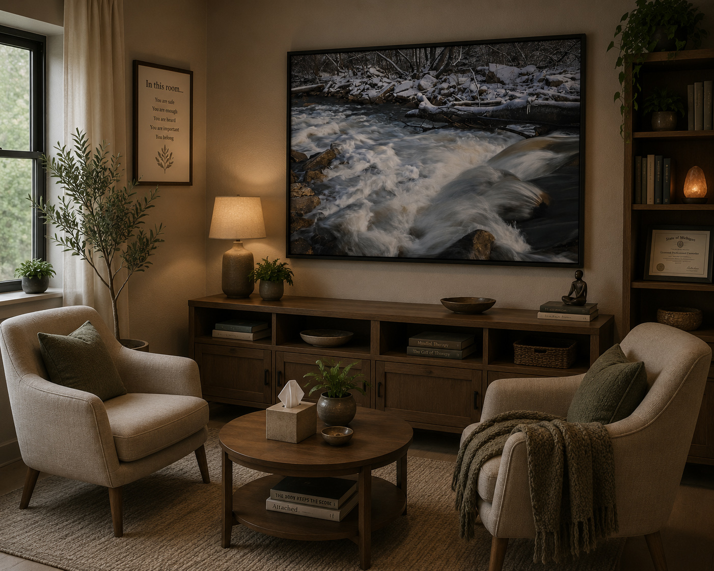 Large winter water photography print in a warm private therapy office with two chairs